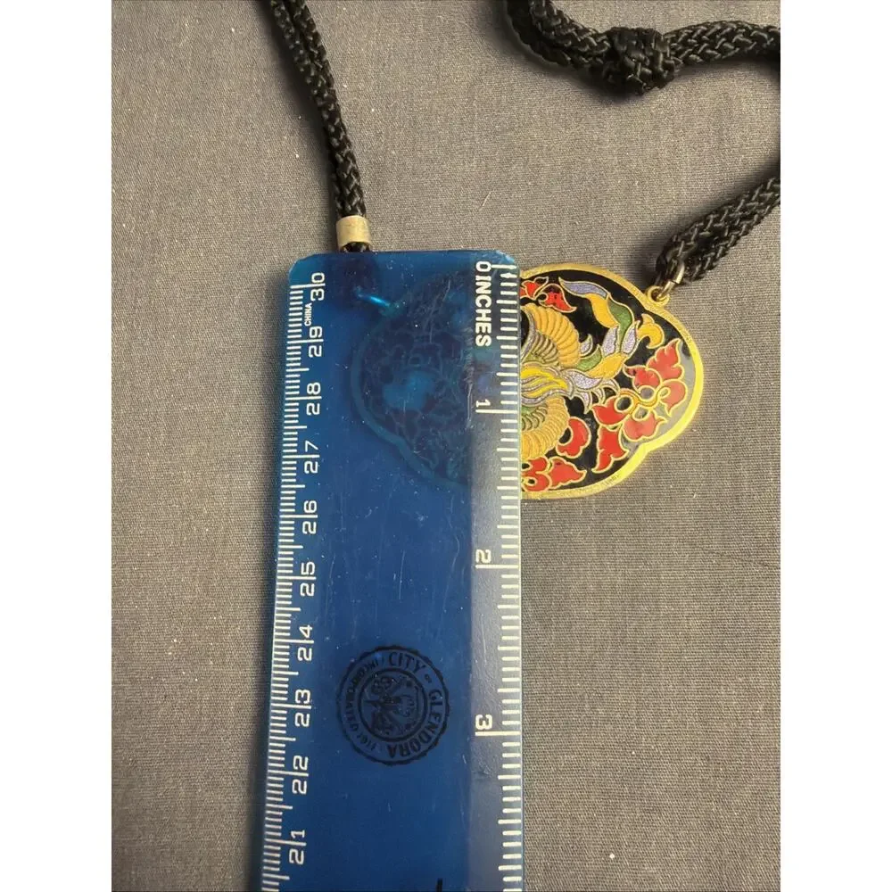 Vintage Cloisonné Brass Bird Pendant on Black Cord